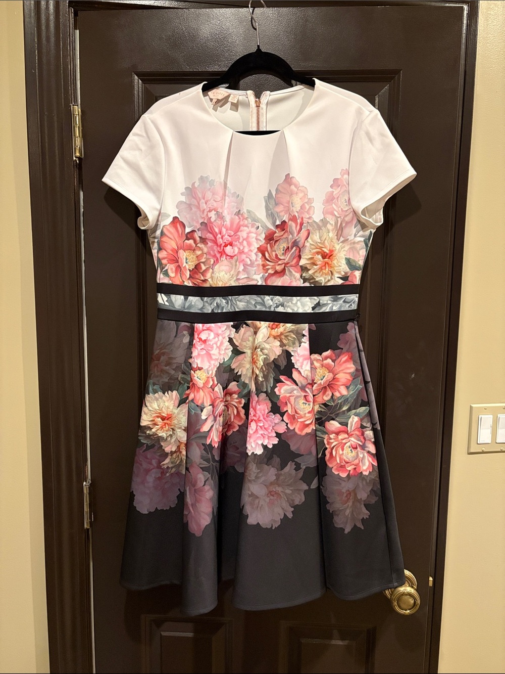Ted Baker London White and Black Floral Fit-and-Flare Dress